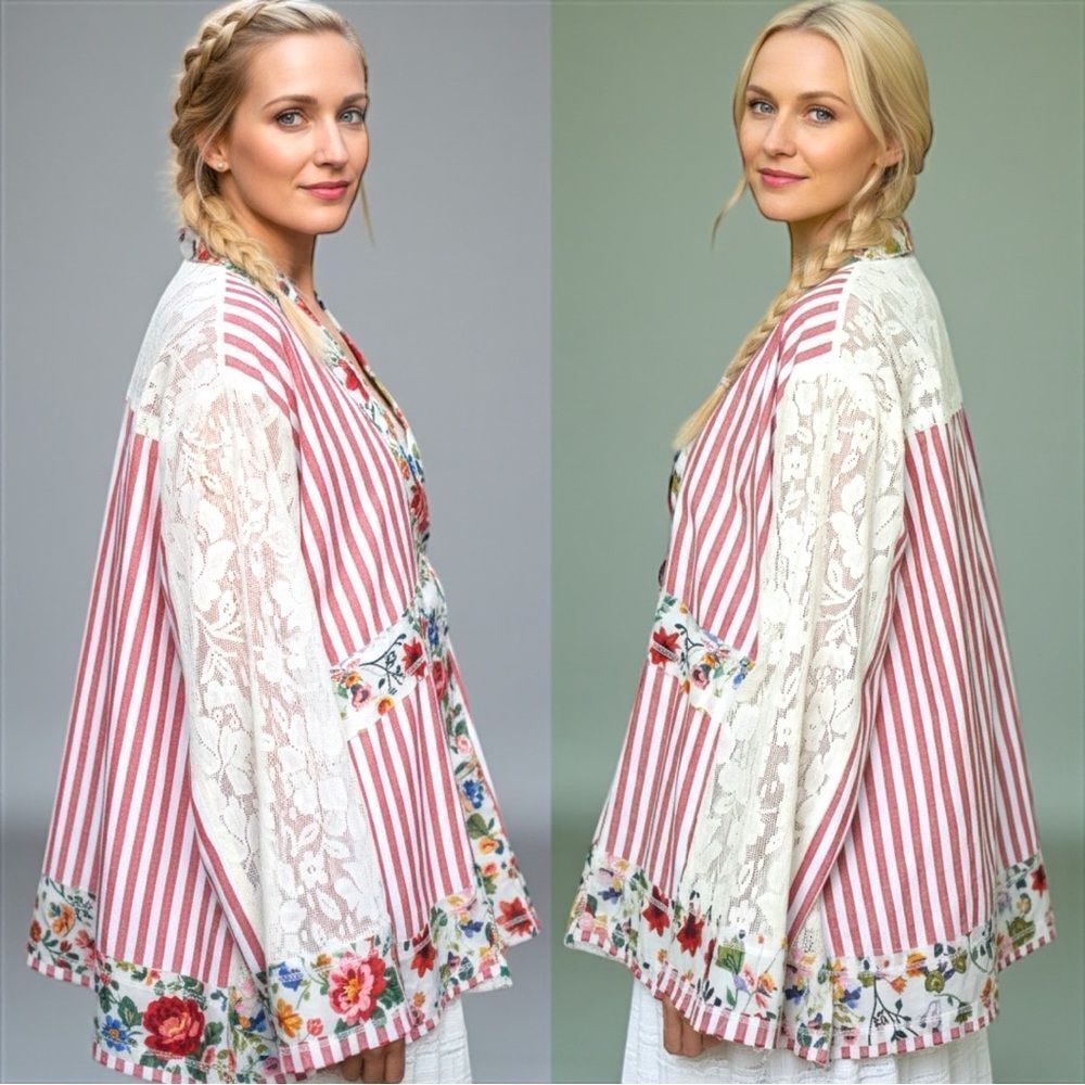 POL Lace Boho Striped Cardigan Layering Kimono Floral Patchwork Detail Med NEW - Picture 6 of 10